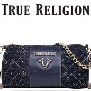 True Religion Studded Denim Zip Top Barrel Bag